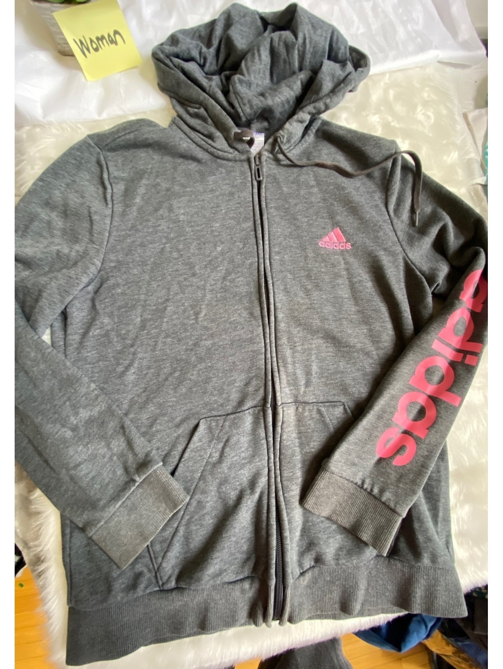Adidas Women's Gray Full Zip Hoodie with Pink Logo and Text